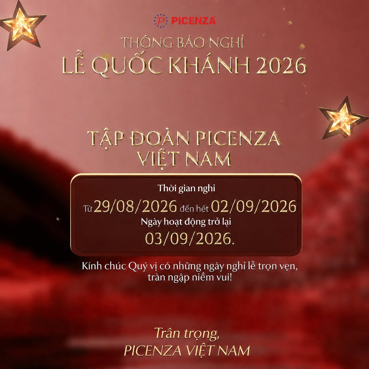 Thông báo nghỉ lễ Quốc Khánh 2026