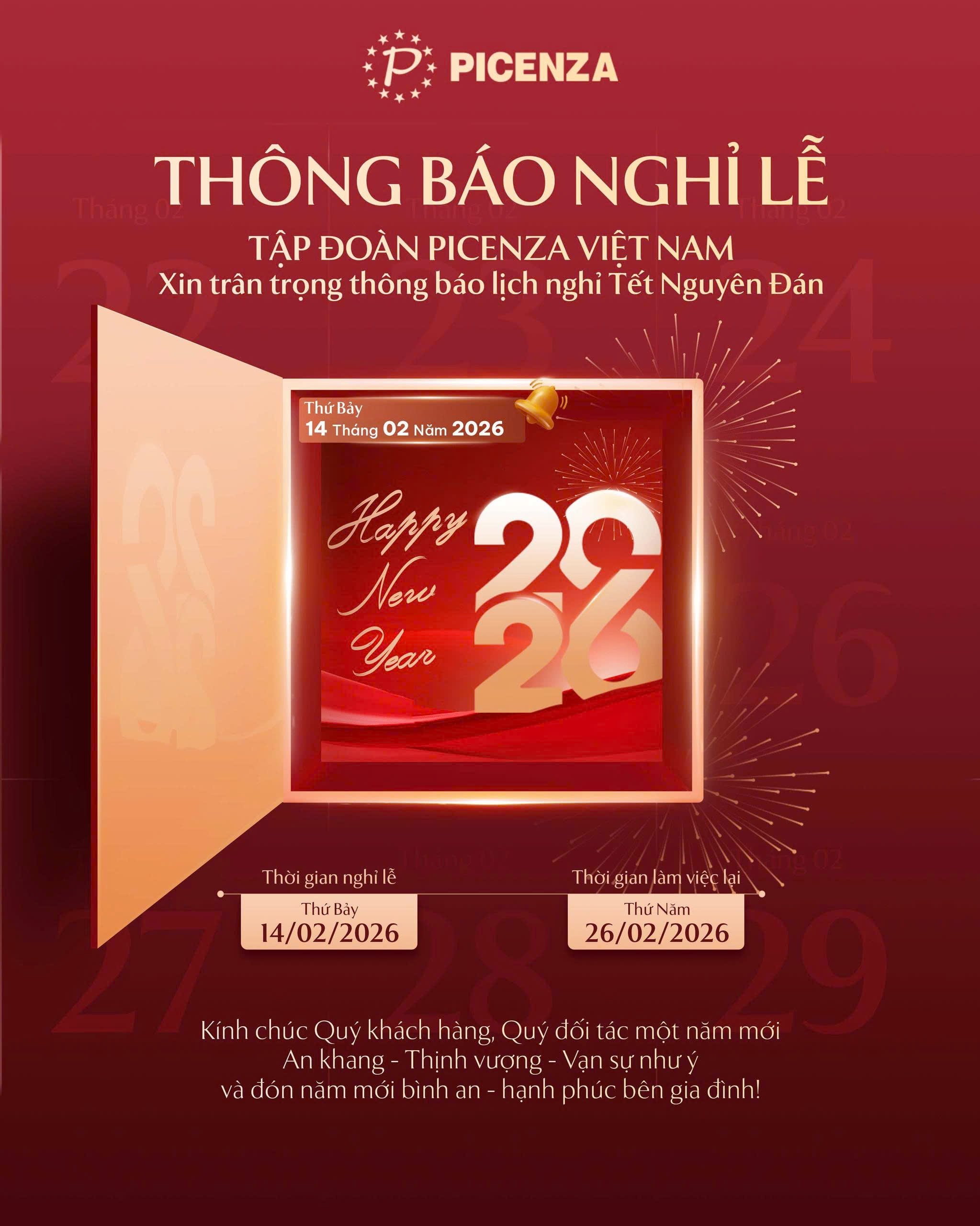 Tập đoàn Picenza Việt Nam thông báo nghỉ Tết Nguyên Đán Bính Ngọ 2026