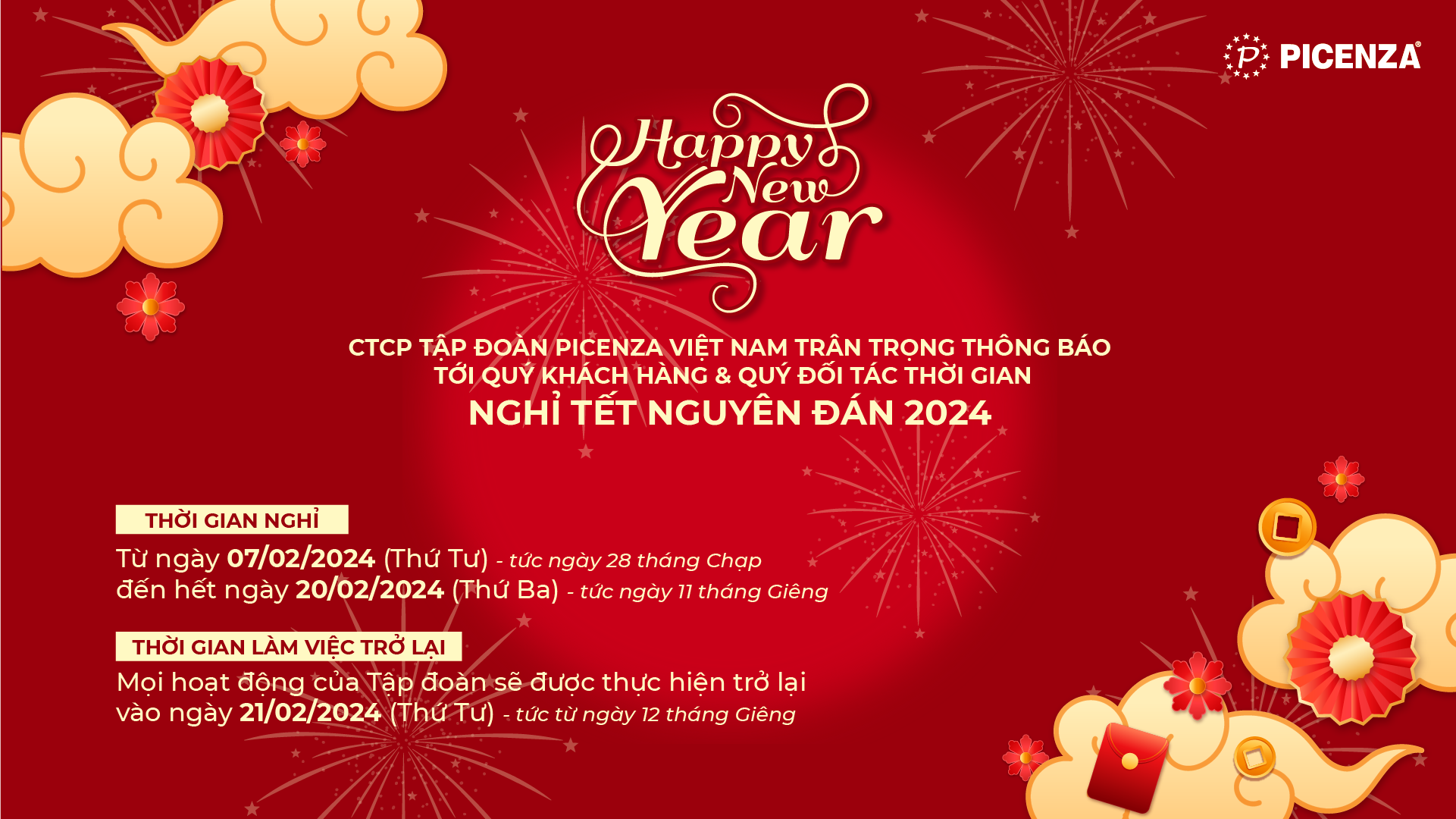 Công ty Cổ Phần Tập đoàn Picenza Việt Nam thông báo lịch nghỉ Tết nguyên đán 2024
