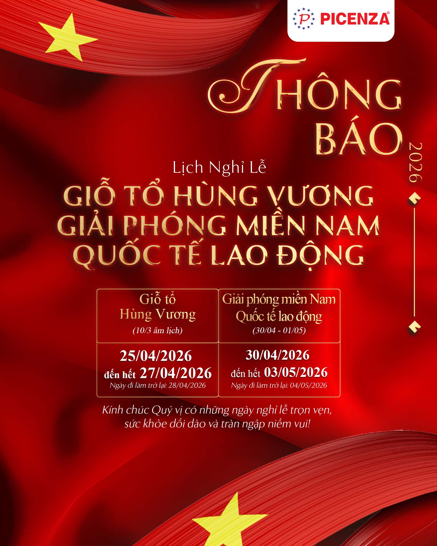 THÔNG BÁO LỊCH NGHỈ LỄ GIỖ TỔ HÙNG VƯƠNG, GIẢI PHÓNG MIỀN NAM VÀ QUỐC TẾ LAO ĐỘNG 2026